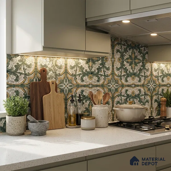 Moroccan Floor & Wall Tile TL 09819 C 2 ft x 2 ft Green Vitrified Matte Finish Tile - 9 mm | Suitable For Balcony, Courtyard, Corridor | Please Expect a Slight Variation of Pattern