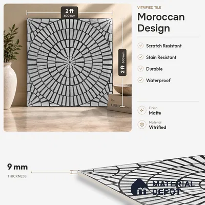 Moroccan Floor & Wall Tile TL 09819  2 ft x 2 ft Black Vitrified Matte Finish Tile - 9 mm | Suitable For Bathroom, Terrace & Balcony | Please Expect a Slight Variation of Pattern