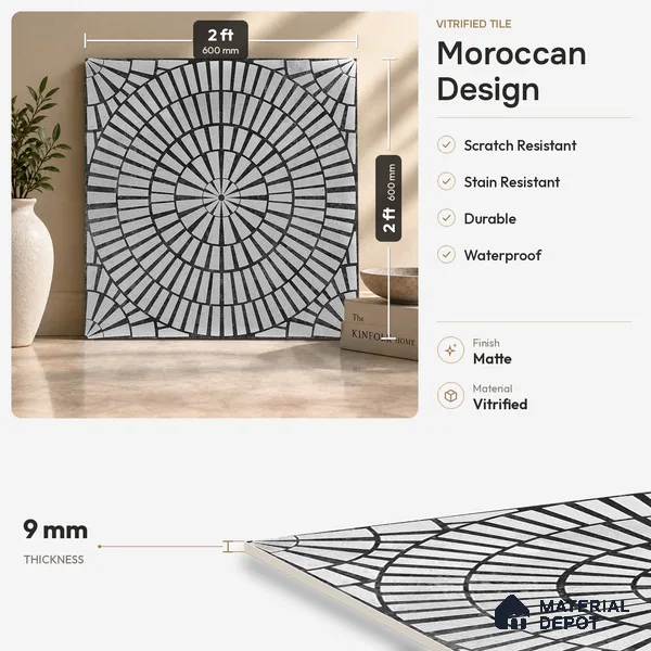 Moroccan Floor & Wall Tile TL 09819  2 ft x 2 ft Black Vitrified Matte Finish Tile - 9 mm | Suitable For Bathroom, Terrace & Balcony | Please Expect a Slight Variation of Pattern