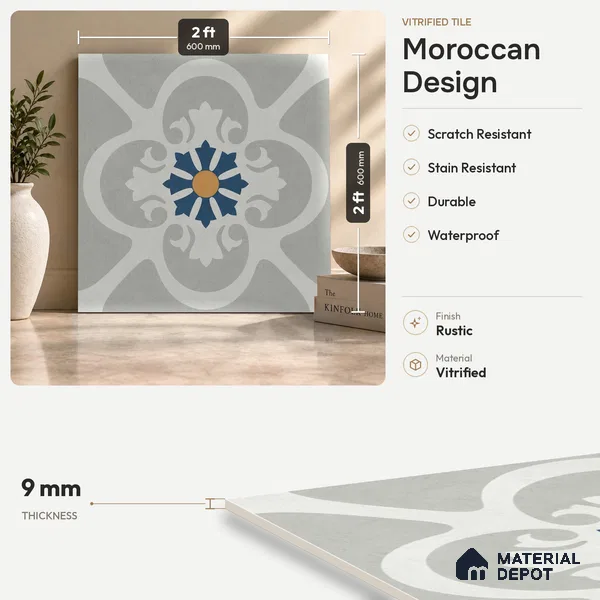 Moroccan Look Floor & Wall Tile TL 09902 Praque Art 2 ft x 2 ft Rustic Carving Matte Finish Vitrified Tile - 9 mm | Suitable For Kitchen, Bathroom, Balcony | Please Expect a Slight Variation of Pattern