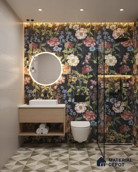 Floral Wall Tile TL 09917 4 ft x 2 ft Black Vitrified Matte Finish Tile - 9 mm | Suitable for Bathroom, Accent/Feature Wall, Foyer