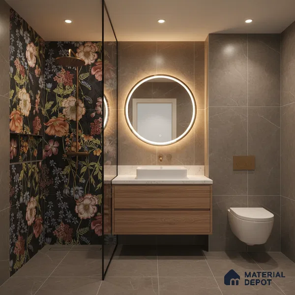 Floral Wall Tile TL 09917 4 ft x 2 ft Black Vitrified Matte Finish Tile - 9 mm | Suitable for Bathroom, Accent/Feature Wall, Foyer