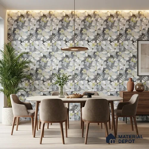 Floral Wall Tile TL 09918 4 ft x 2 ft White Vitrified Matte Finish Tile - 9 mm | Suitable for Bathroom, Accent/Feature Wall, Dining Area