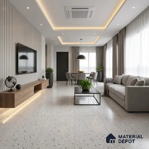 Terrazzo Wall & Floor Tile TL 09929 E 4 ft x 2 ft Silver Vitrified Matte Finish Tile - 9 mm | Ideal for Living Room, Bedroom, Bathroom, Kitchen