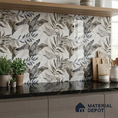 Floral Wall Tile TL 09996 B Leafty Gray Decor 2 ft x 1 ft Grey Ceramic Glue Matte Finish Decor Tile - 9 mm | Ideal for Living Room, Bathroom, Kitchen | Please Expect a Slight Variation of Pattern