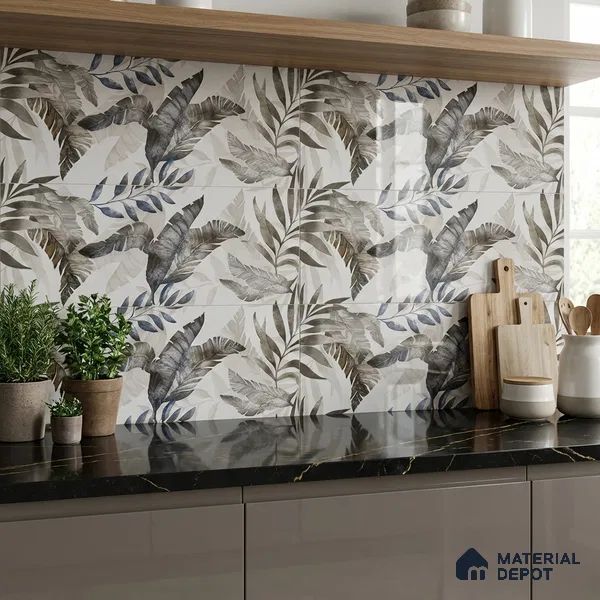 Floral Wall Tile TL 09996 B Leafty Gray Decor 2 ft x 1 ft Grey Ceramic Glue Matte Finish Decor Tile - 9 mm | Ideal for Living Room, Bathroom, Kitchen | Please Expect a Slight Variation of Pattern