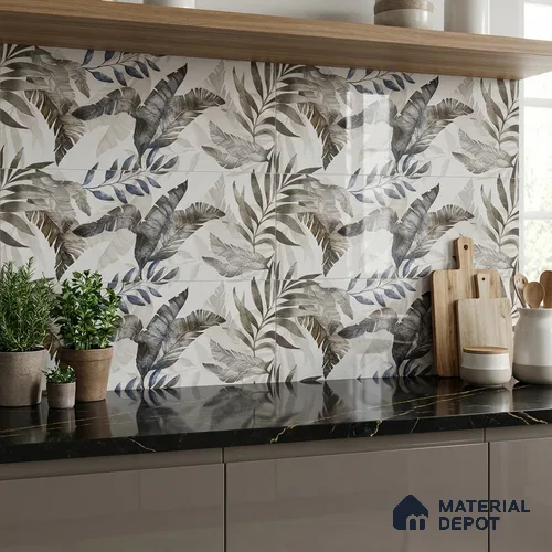 Floral Wall Tile TL 09996 B Leafty Gray Decor 2 ft x 1 ft Grey Ceramic Glue Matte Finish Decor Tile - 9 mm | Ideal for Living Room, Bathroom, Kitchen | Please Expect a Slight Variation of Pattern