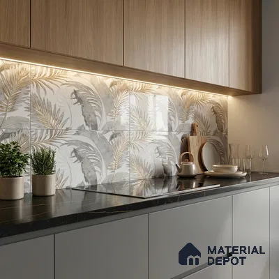 Floral Wall Tile TL 09997 C Leaf Silvar Decor 2 ft x 1 ft Silver Ceramic Glue Matte Finish Pattern 2 Tile - 9 mm | Ideal for Living Room, Bathroom, Kitchen | Please Expect a Slight Variation of Pattern