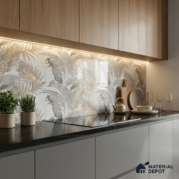 Floral Wall Tile TL 09997 C Leaf Silvar Decor 2 ft x 1 ft Silver Ceramic Glue Matte Finish Pattern 2 Tile - 9 mm | Ideal for Living Room, Bathroom, Kitchen | Please Expect a Slight Variation of Pattern