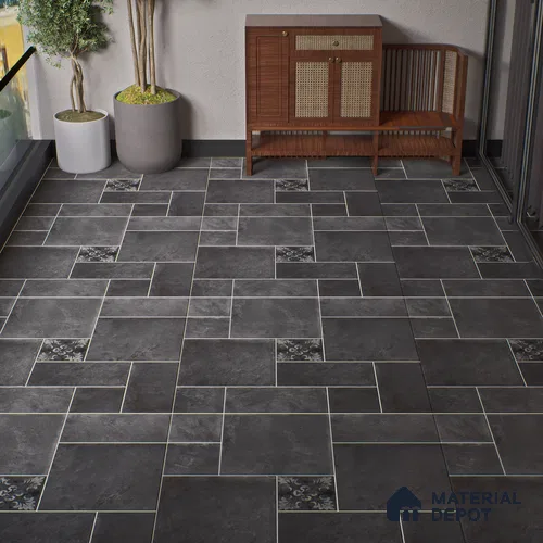 Stone Floor Tile TL 10092 Modulo Dark | 16 x 16 inch - 12 mm thick | Vitrified Anti Skid Matte Finish Heavy Duty Parking Tile | Ideal For Bathroom, High Traffic Areas, Terrace | Pattern Alignment May Vary | 2-3 mm Spacer is Mandatory