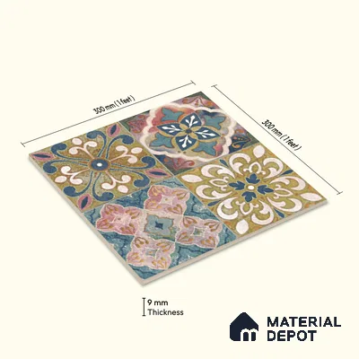 Moroccan Wall & Floor Tile TL 10113 F Antic Multy Decor 1 | 2 Random Designs | 1 ft x 1 ft Ceramic Matte Finish - 9 mm | Suitable for Bathroom, Kitchen, Balcony | Please Expect a Slight Variation of Pattern