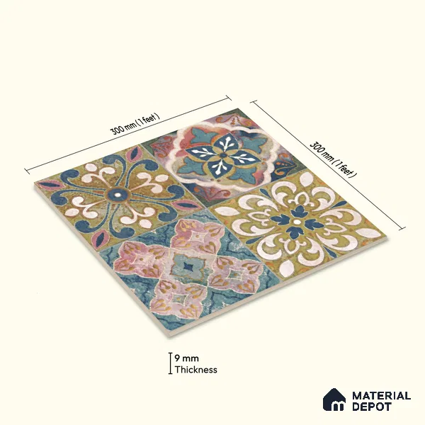 Moroccan Wall & Floor Tile TL 10113 F Antic Multy Decor 1 | 2 Random Designs | 1 ft x 1 ft Ceramic Matte Finish - 9 mm | Suitable for Bathroom, Kitchen, Balcony | Please Expect a Slight Variation of Pattern