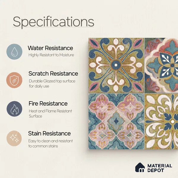 Moroccan Wall & Floor Tile TL 10113 F Antic Multy Decor 1 | 2 Random Designs | 1 ft x 1 ft Ceramic Matte Finish - 9 mm | Suitable for Bathroom, Kitchen, Balcony | Please Expect a Slight Variation of Pattern