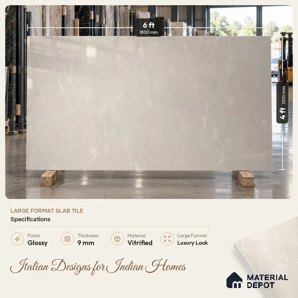 Marble Tundra Grey Wall & Floor Tile TL 10155 Light Grey 6 ft x 4 ft Glossy Finish Vitrified Tile - 9 mm | Suitable For Living Room, Bedroom, Bathroom | Adhesive and Spacers Must be Used During Installation