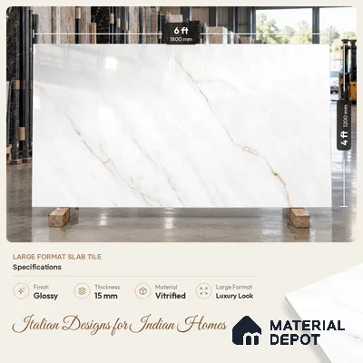 Marble Floor Tile TL 10203 B White 6 ft x 4 ft Glossy Finish Vitrified Tile - 15 mm | Suitable For Living Room, Bedroom, Bathroom | Adhesive and Spacers Must be Used During Installation