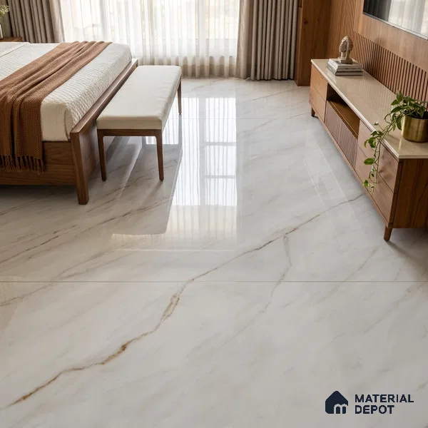 Marble Floor Tile TL 10203 B White 6 ft x 4 ft Glossy Finish Vitrified Tile - 15 mm | Suitable For Living Room, Bedroom, Bathroom | Adhesive and Spacers Must be Used During Installation