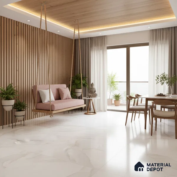 TL 10205 Marble Look Floor & Wall Tile Pacific Onyx White 6 ft x 4 ft Glossy Finish Vitrified Tile - 9 mm | Adhesive and Spacers Must be Used During Installation