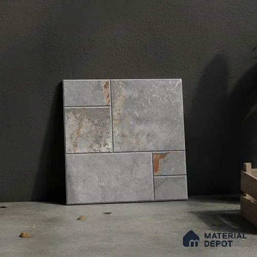 Grey Stone Floor Tile TL 10277  Verona Grey 16 inch x 16 inch Vitrified Carving Matte Finish - 12 mm | Pattern Alignment May Vary | 2-3 mm Spacer is Mandatory