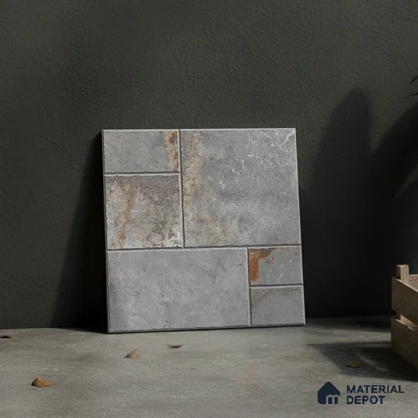 Grey Stone Floor Tile TL 10277 Verona Grey 16 inch x 16 inch Vitrified Carving Matte Finish - 12 mm | Pattern Alignment May Vary | 2-3 mm Spacer is Mandatory