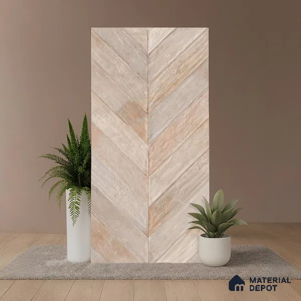 Cream Wood Floor & Wall Tile TL 10309 D Chevron Wave Sand 4 ft x 2 ft Vitrified Carving Matte Finish - 9 mm