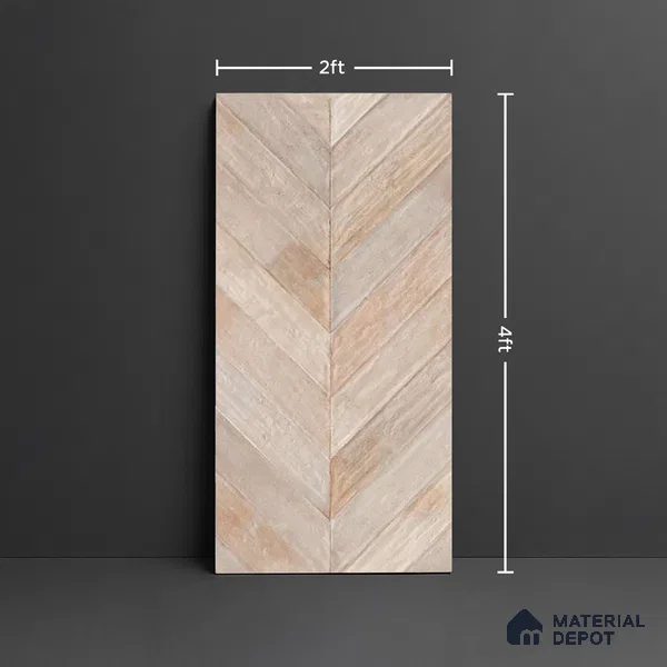 Cream Wood Floor & Wall Tile TL 10309 D Chevron Wave Sand 4 ft x 2 ft Vitrified Carving Matte Finish - 9 mm