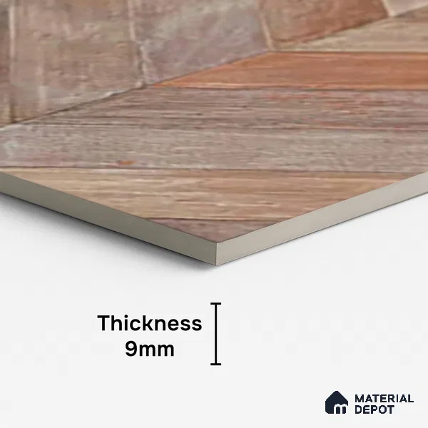Brown Wood Floor & Wall Tile TL 10309 E Chevron Wave Cinnamon 4 ft x 2 ft Vitrified Carving Matte Finish - 9 mm