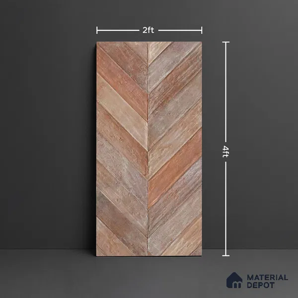 Brown Wood Floor & Wall Tile TL 10309 E Chevron Wave Cinnamon 4 ft x 2 ft Vitrified Carving Matte Finish - 9 mm