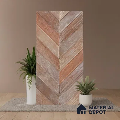Brown Wood Floor & Wall Tile TL 10309 E  Chevron Wave Cinnamon 4 ft x 2 ft Vitrified Carving Matte Finish - 9 mm