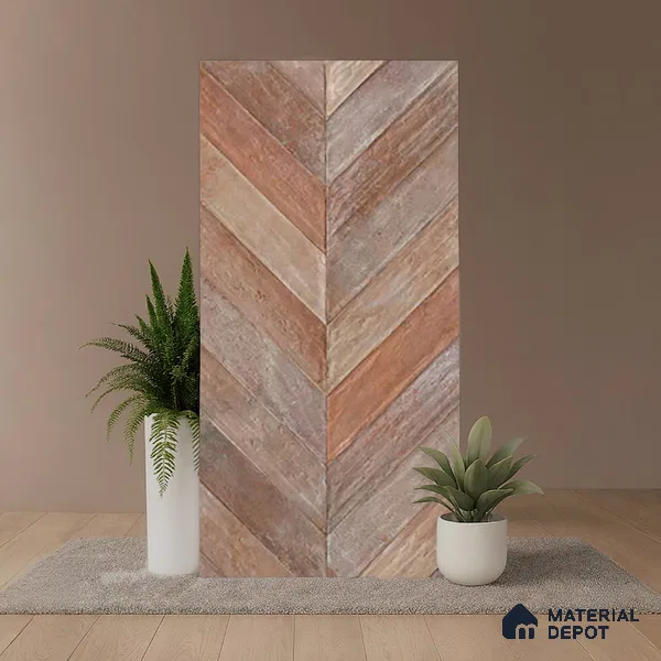 Brown Wood Floor & Wall Tile TL 10309 E Chevron Wave Cinnamon 4 ft x 2 ft Vitrified Carving Matte Finish - 9 mm
