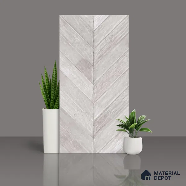 Silver Wood Floor & Wall Tile TL 10309 Chevron Wave Silver 4 ft x 2 ft Vitrified Carving Matte Finish - 9 mm