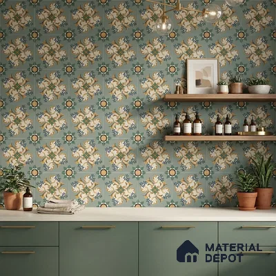 Moroccan Floor Tile TL 10332 C Pavment Green Center | 1 ft x 1 ft Ceramic Matte Finish - 9 mm | Suitable for Living Room, Kitchen, Bathroom | Please Expect a Slight Variation of Pattern