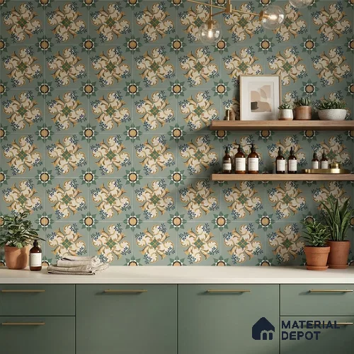 Moroccan Floor Tile TL 10332 C Pavment Green Center | 1 ft x 1 ft Ceramic Matte Finish - 9 mm | Suitable for Living Room, Kitchen, Bathroom | Please Expect a Slight Variation of Pattern