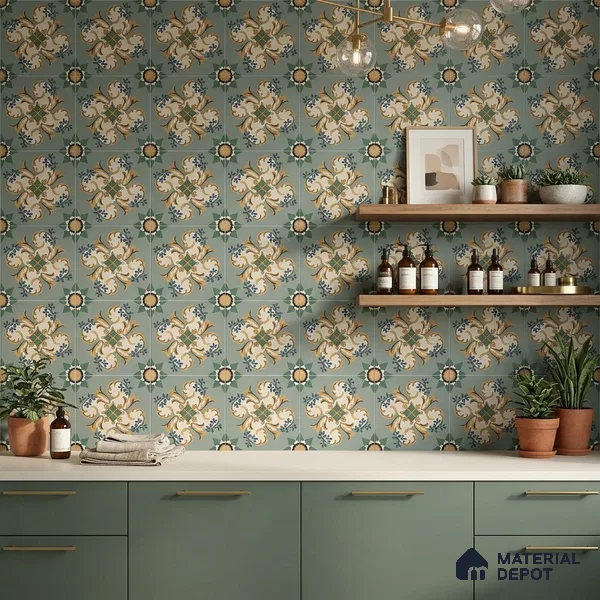 Moroccan Floor Tile TL 10332 C Pavment Green Center | 1 ft x 1 ft Ceramic Matte Finish - 9 mm | Suitable for Living Room, Kitchen, Bathroom | Please Expect a Slight Variation of Pattern