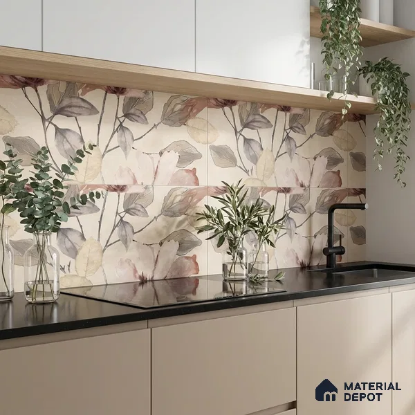 Floral Wall Tile TL 10336 B Enya Ivory Decor HL B 2 ft x 1 ft Ceramic Matte Finish Tile - 9 mm | Suitable For Kitchen, Bathroom Walls and Backsplashes | Please Expect a Slight Variation of Pattern