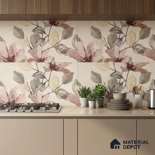 Floral Wall Tile TL 10336 Enya Ivory Decor HL A 2 ft x 1 ft Ceramic Matte Finish Tile - 9 mm | Suitable For Kitchen, Bathroom Walls and Backsplashes | Please Expect a Slight Variation of Pattern