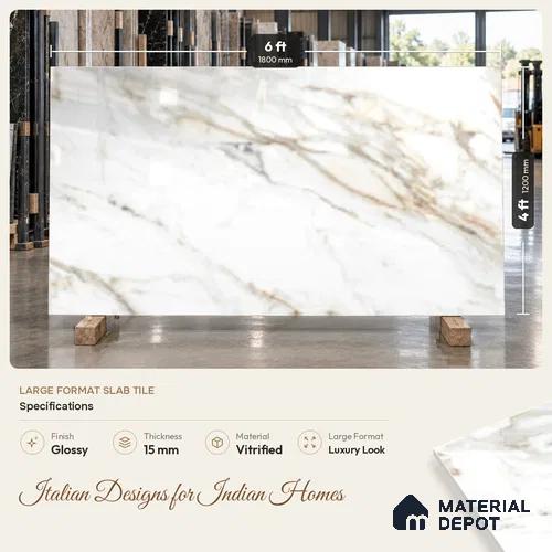 Marble Look Floor Tile TL 10374 SGH Fantasy Almond 6 ft x 4 ft Glossy Finish Vitrified Tile - 15 mm | Suitable For living Room, Bedroom, Bathroom | Adhesive and Spacers Must be Used During Installation