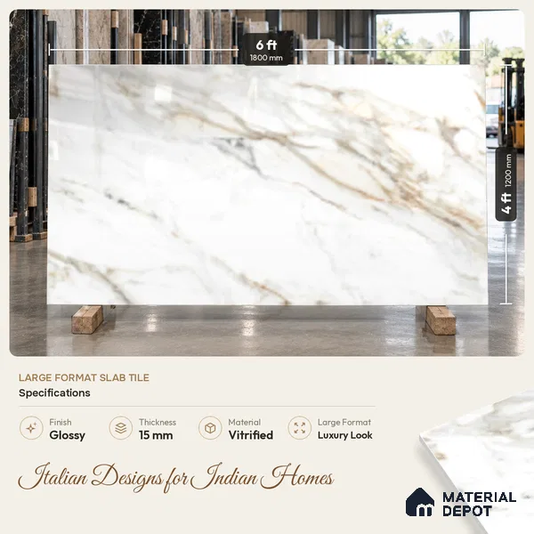 Marble Wall & Floor Tile TL 10374 White 6 ft x 4 ft Glossy Finish Vitrified Tile - 15 mm | Suitable For Living Room, Bedroom, Bathroom | Adhesive and Spacers Must be Used During Installation