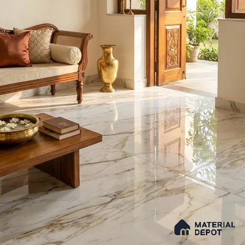 Marble Look Floor Tile TL 10374 SGH Fantasy Almond 6 ft x 4 ft Glossy Finish Vitrified Tile - 15 mm | Suitable For living Room, Bedroom, Bathroom | Adhesive and Spacers Must be Used During Installation
