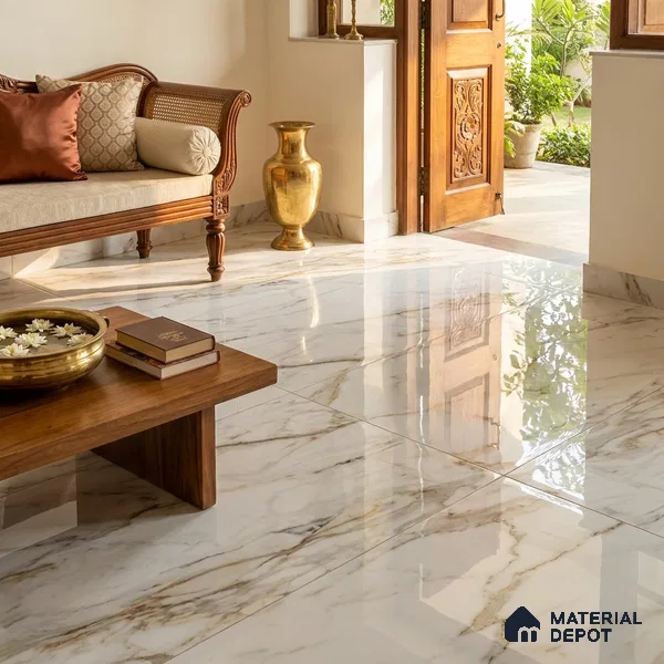 Marble Wall & Floor Tile TL 10374 White 6 ft x 4 ft Glossy Finish Vitrified Tile - 15 mm | Suitable For Living Room, Bedroom, Bathroom | Adhesive and Spacers Must be Used During Installation