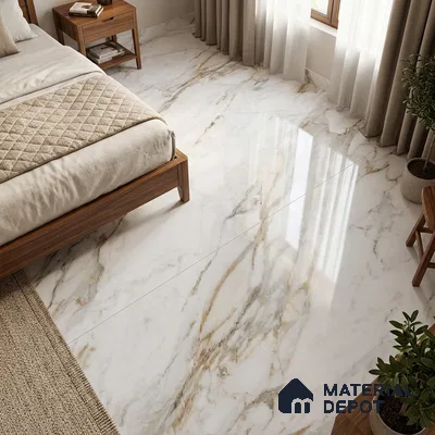 Marble Wall & Floor Tile TL 10374 White 6 ft x 4 ft Glossy Finish Vitrified Tile - 15 mm | Suitable For Living Room, Bedroom, Bathroom | Adhesive and Spacers Must be Used During Installation