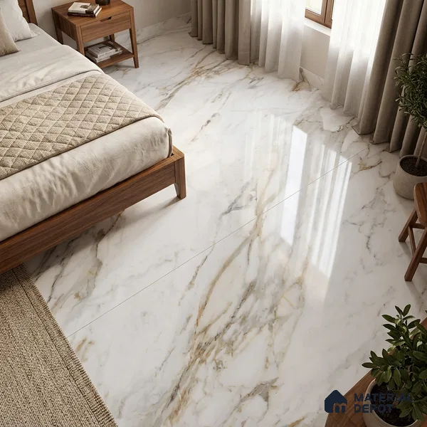 Marble Wall & Floor Tile TL 10374 White 6 ft x 4 ft Glossy Finish Vitrified Tile - 15 mm | Suitable For Living Room, Bedroom, Bathroom | Adhesive and Spacers Must be Used During Installation