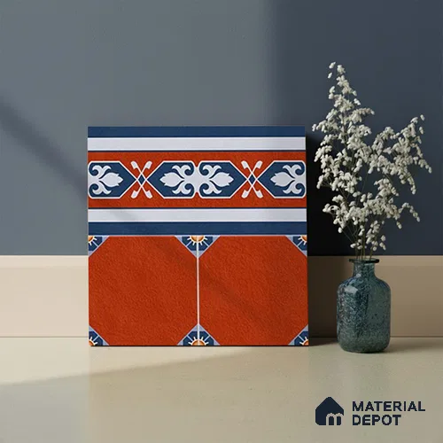 Moroccan Athangudi Carpet Floor Tile TL 10448 B Border 1 ft x 1 ft - Ceramic Matte Finish -10 mm | Suitable for Living Room, Kitchen, Dining Area | Please Expect a Slight Variation of Pattern