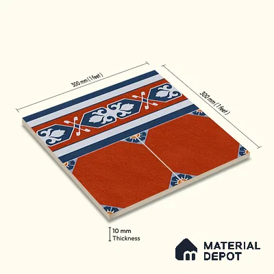Moroccan Athangudi Carpet Floor Tile TL 10448 B Border 1 ft x 1 ft - Ceramic Matte Finish -10 mm | Suitable for Living Room, Kitchen, Dining Area | Please Expect a Slight Variation of Pattern