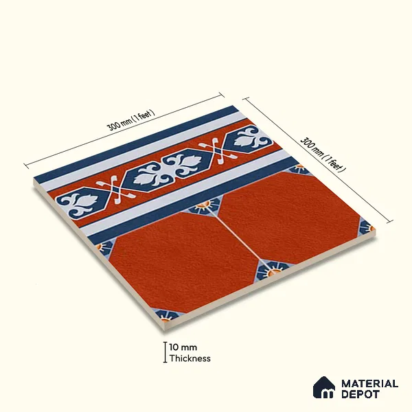 Moroccan Athangudi Carpet Floor Tile TL 10448 B Border 1 ft x 1 ft - Ceramic Matte Finish -10 mm | Suitable for Living Room, Kitchen, Dining Area | Please Expect a Slight Variation of Pattern