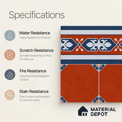 Moroccan Athangudi Carpet Floor Tile TL 10448 B Border 1 ft x 1 ft - Ceramic Matte Finish -10 mm | Suitable for Living Room, Kitchen, Dining Area | Please Expect a Slight Variation of Pattern