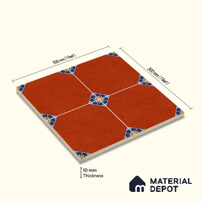 Moroccan Athangudi Carpet Floor & Wall Tile TL 10448 C Center 1 ft x 1 ft - Ceramic Matte Finish -10 mm | Suitable for Living Room, Kitchen, Bathroom | Please Expect a Slight Variation of Pattern