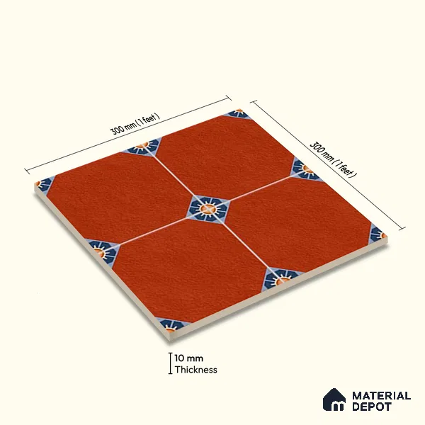 Moroccan Athangudi Carpet Floor & Wall Tile TL 10448 C Center 1 ft x 1 ft - Ceramic Matte Finish -10 mm | Suitable for Living Room, Kitchen, Bathroom | Please Expect a Slight Variation of Pattern
