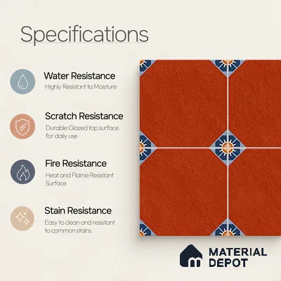 Moroccan Athangudi Carpet Floor & Wall Tile TL 10448 C Center 1 ft x 1 ft - Ceramic Matte Finish -10 mm | Suitable for Living Room, Kitchen, Bathroom | Please Expect a Slight Variation of Pattern