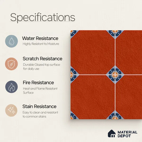 Moroccan Athangudi Carpet Floor & Wall Tile TL 10448 C Center 1 ft x 1 ft - Ceramic Matte Finish -10 mm | Suitable for Living Room, Kitchen, Bathroom | Please Expect a Slight Variation of Pattern