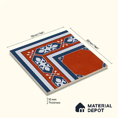 Moroccan Athangudi Carpet Floor Tile TL 10448 Corner 1 ft x 1 ft - Ceramic Matte Finish -10 mm | Suitable for Living Room, Kitchen, Dining Area | Please Expect a Slight Variation of Pattern